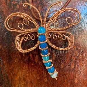 Copper dragonfly pendant with banded agate stones
